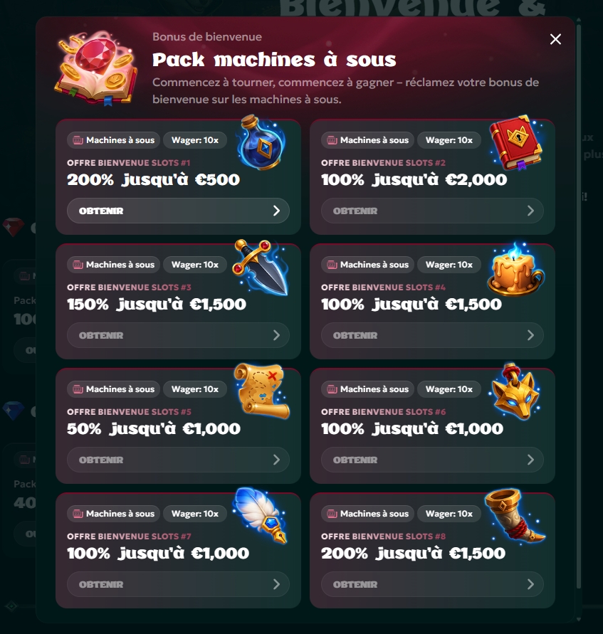 Détail des 8 offres du pack de bienvenue Rivo Casino avec wager x10