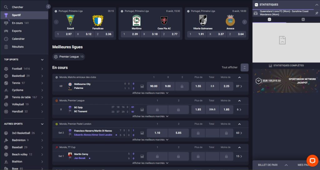 Section paris sportifs de Rivo Casino avec les cotes en direct