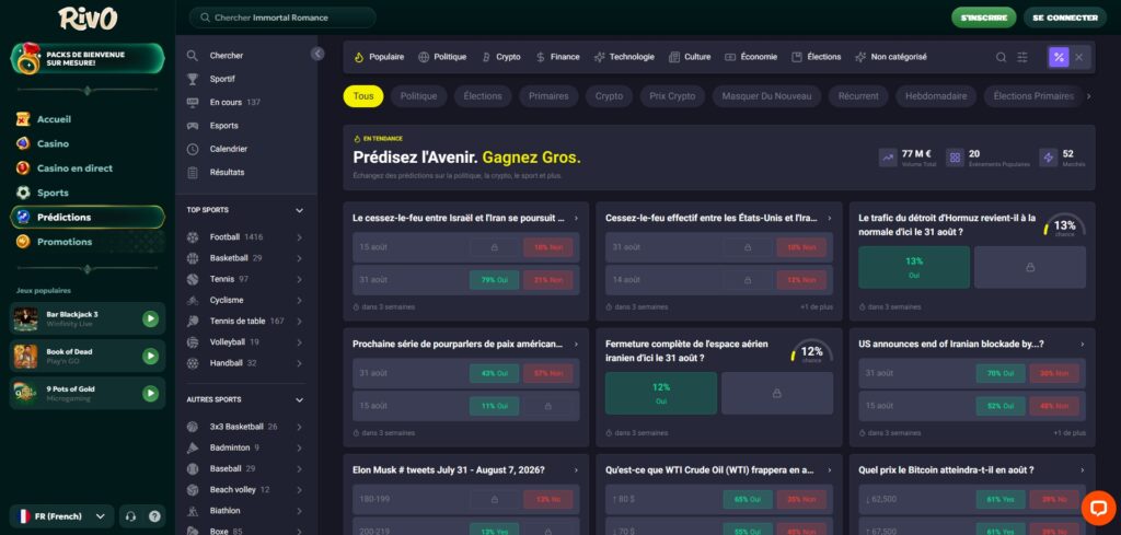 Section Prédictions de Rivo Casino pour parier sur l'actualité, la crypto et la politique